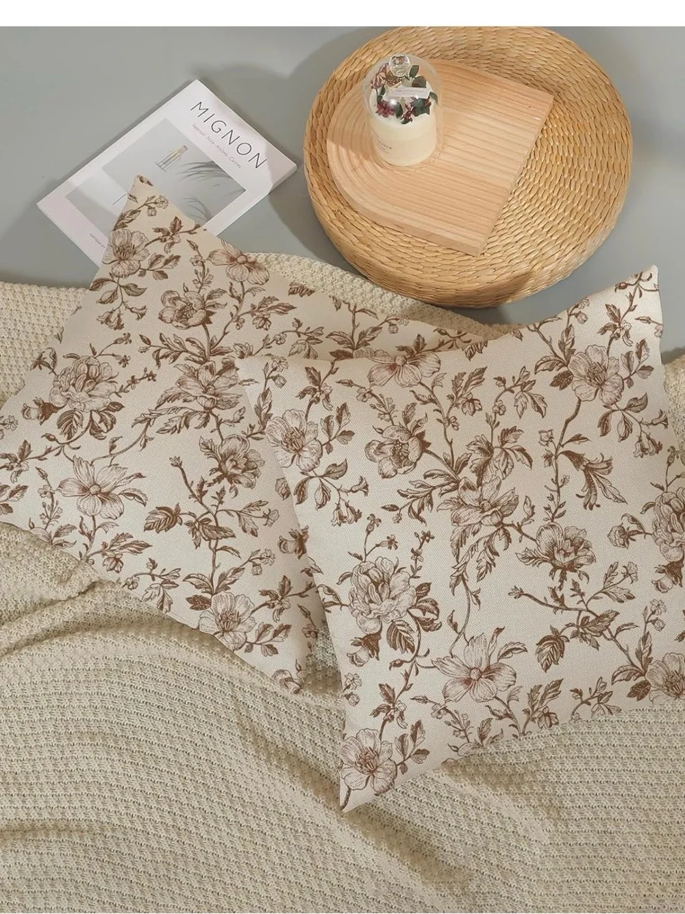 Floral Toile Decorative Throw Pillow Pair in Brown on Cream NWT